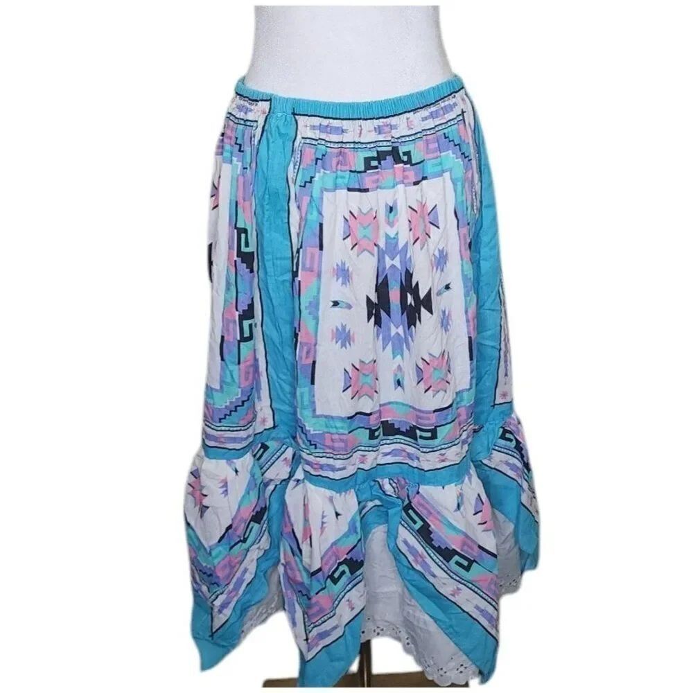 Vintage 90s Handkerchief Aztec Boho Ruffle Maxi Skirt Womens Size M Blue